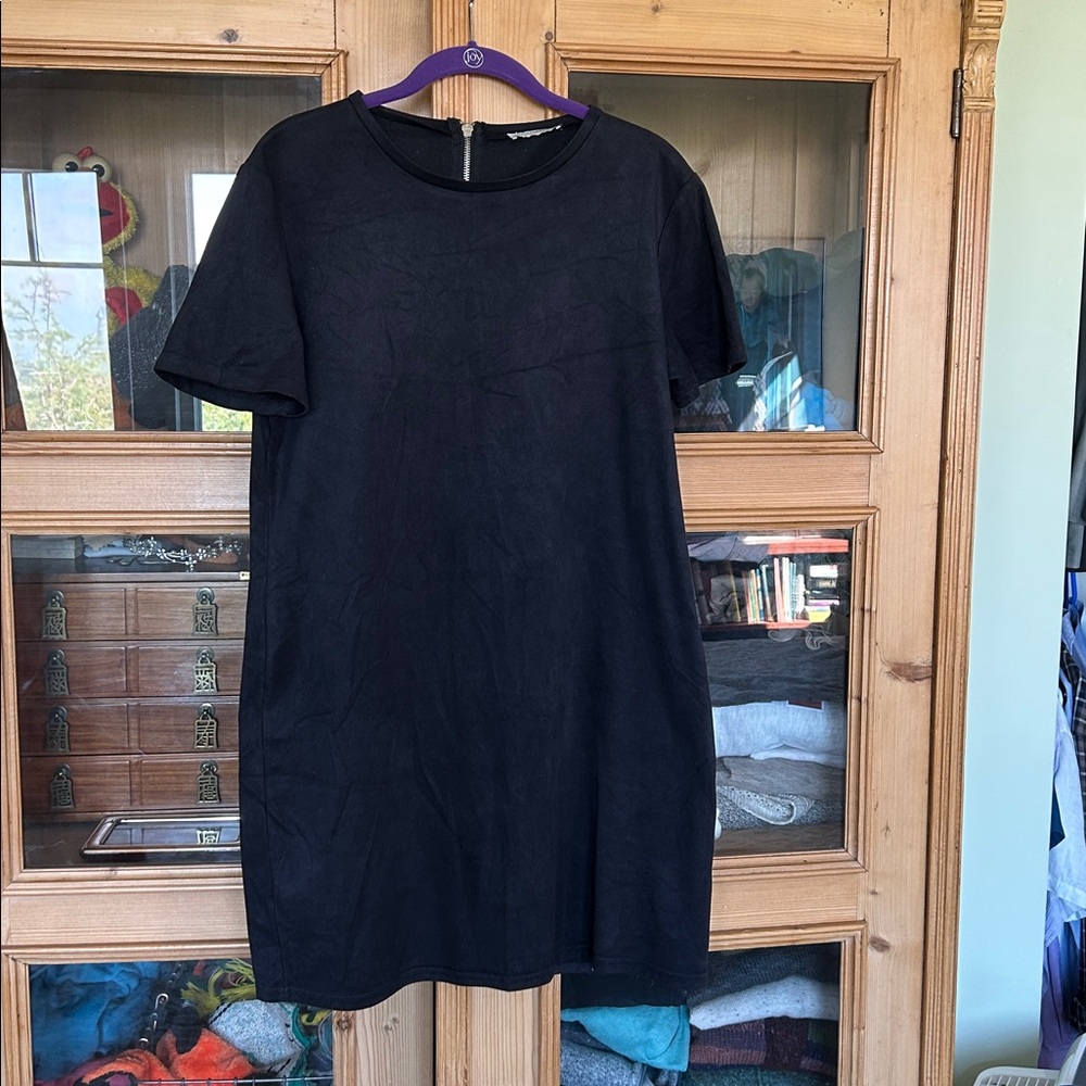 Zara Black Faux Suede Mini Dress, Short Sleeve, Large